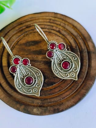 Silver Replica Leaf Hook Earrings with Stones for Casual Chic | Sarichka-Red