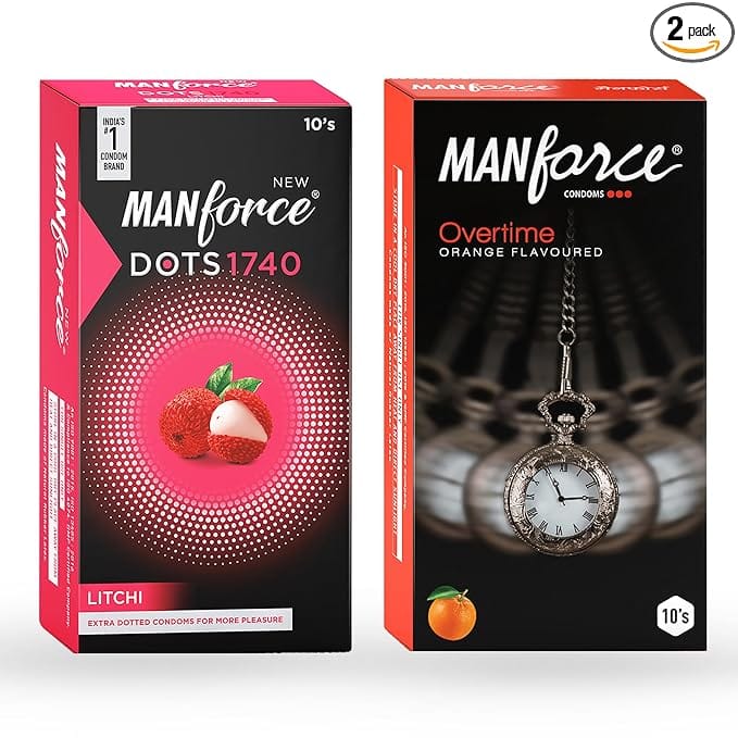 Manforce Overtime Orange & Litchi Flavoured Condoms for Men| 20 Count (Pack of 2)| Extra Dotted| Lubricated Latex Condoms