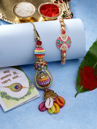 NVR Unisex Set of 2 Multicolor Artificial beads Bhaiya Bhabhi Rakhi With Roli Chawal-Freesize / Multi / Alloy