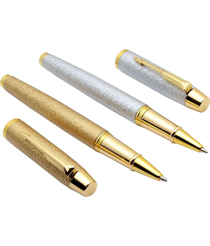 Srpc Gold & Silver Sand Finish Rock Textured Metal Body Roller Ball Pens Blue Refill