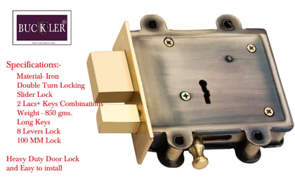 BUCKLER Main Gate Door Lock for Home/Office/Godown, Slider and Double Action Heavy Duty Lock Set for Extra Security with 3 Keys (100MM, 8 Levers, Brass Gold Antique)