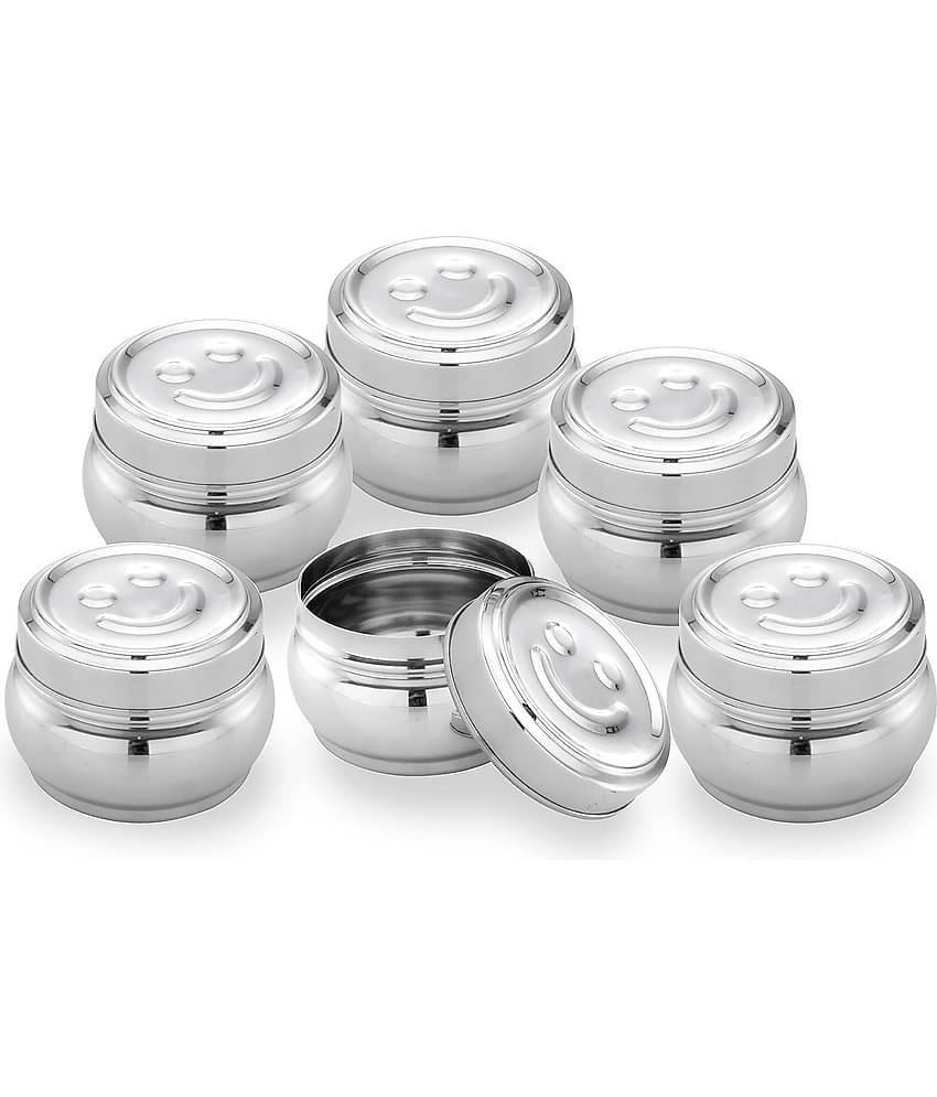 Dynore 6- Smiley Dabba Steel Silver Spice Container ( Set of 6 )