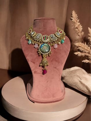 Ameera Handcarved Statement Necklace-Multicolor / Gold plated Brass metal with polki work / Adjustable Thread