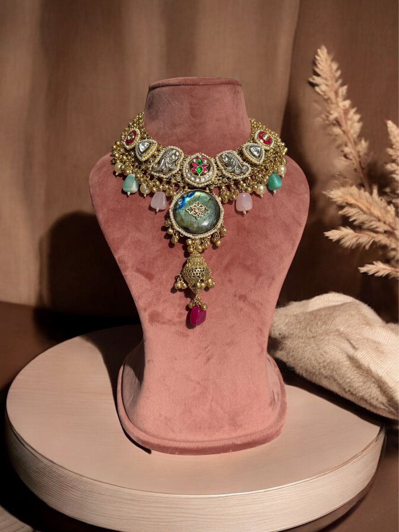 Ameera Handcarved Statement Necklace-Multicolor / Gold plated Brass metal with polki work / Adjustable Thread