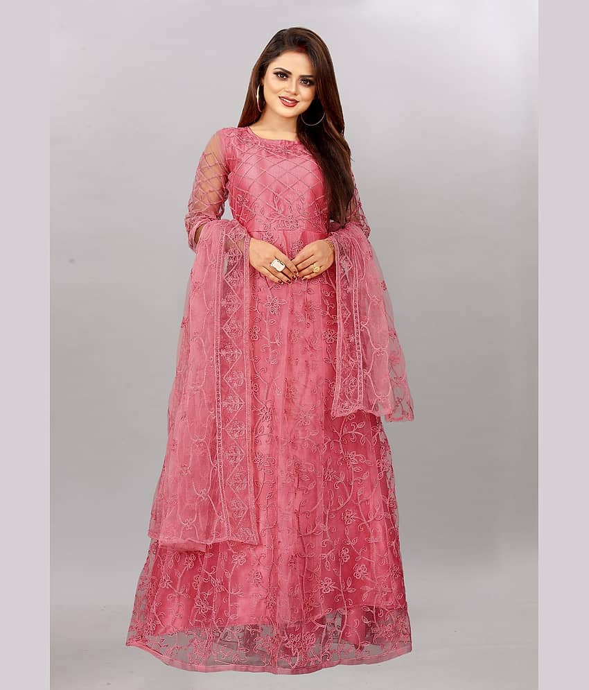 JULEE - Peach Flared Net Women's Semi Stitched Ethnic Gown ( Pack of 1 )