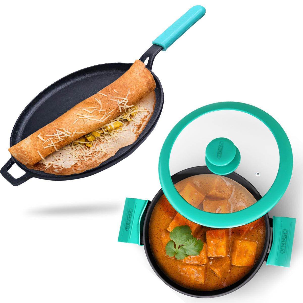 GEMMA CAST IRON KADAI WITH LID PLUS DOSA TAWA COMBO-Kadai 3 liter / Green