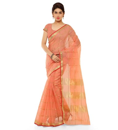 Generic Women's Kota Doria Cotton Saree with Blouse (Peach, 6 - 3 Mtrs)