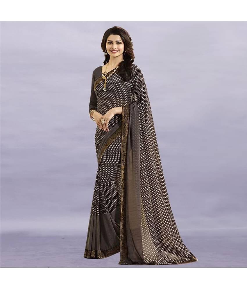BLEESBURY Chiffon Printed Saree With Unstitched Blouse Piece ( Brown )
