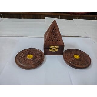 Wooden Dhoop Dani Incense Loban Burner with I Unit of Wooden Incense Base - Combo of 2