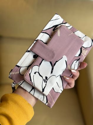 KRI India Bloom Floral Printed Multi Wallet Sling | Pink with contrasting brown lining  | 4.5x7.5 inches  | Wash & Care | 100% Cotton | Handcrafted in India. 100% organic & natural.