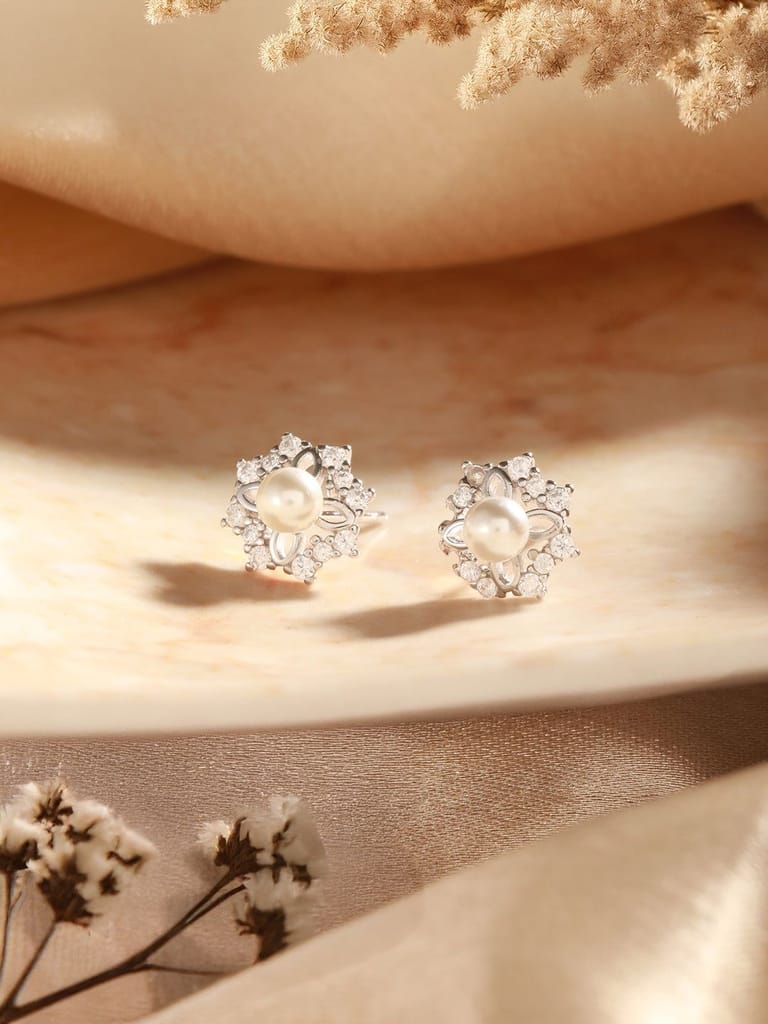 925 Sterling Silver Zircon Studded Faux Pearls Flower Studds Earrings - Earrings | Buy online on ZillyBuy