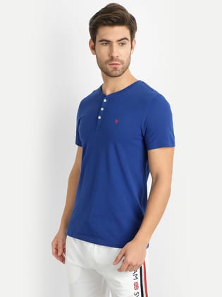 Mens Premium Cotton Half Sleeve Henley T-Shirts-S / Blue