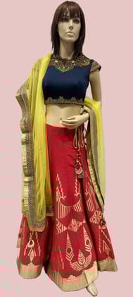 Woman's Blue & Tomato Combination Designer Cholee Suit with Yellow Dupatta-DAMINI-A / Blue / Tomato / F