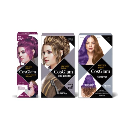 COSGLAM Combo Pack, Semi Permanent Hair Color French Plum 120g, Hair Highlighter Kit 115g & Hair Color Remover 70ml