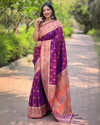 Marathi Mood Muniya Paithani Rich Purple Saree Zari Woven