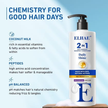 ELHAE 2-in-1 Daily Shine and Anti Dandruff Shampoo with Conditioner for Women and Men | Hair Shine and Dandruff Protection Shampoo + Conditioner - 300ml