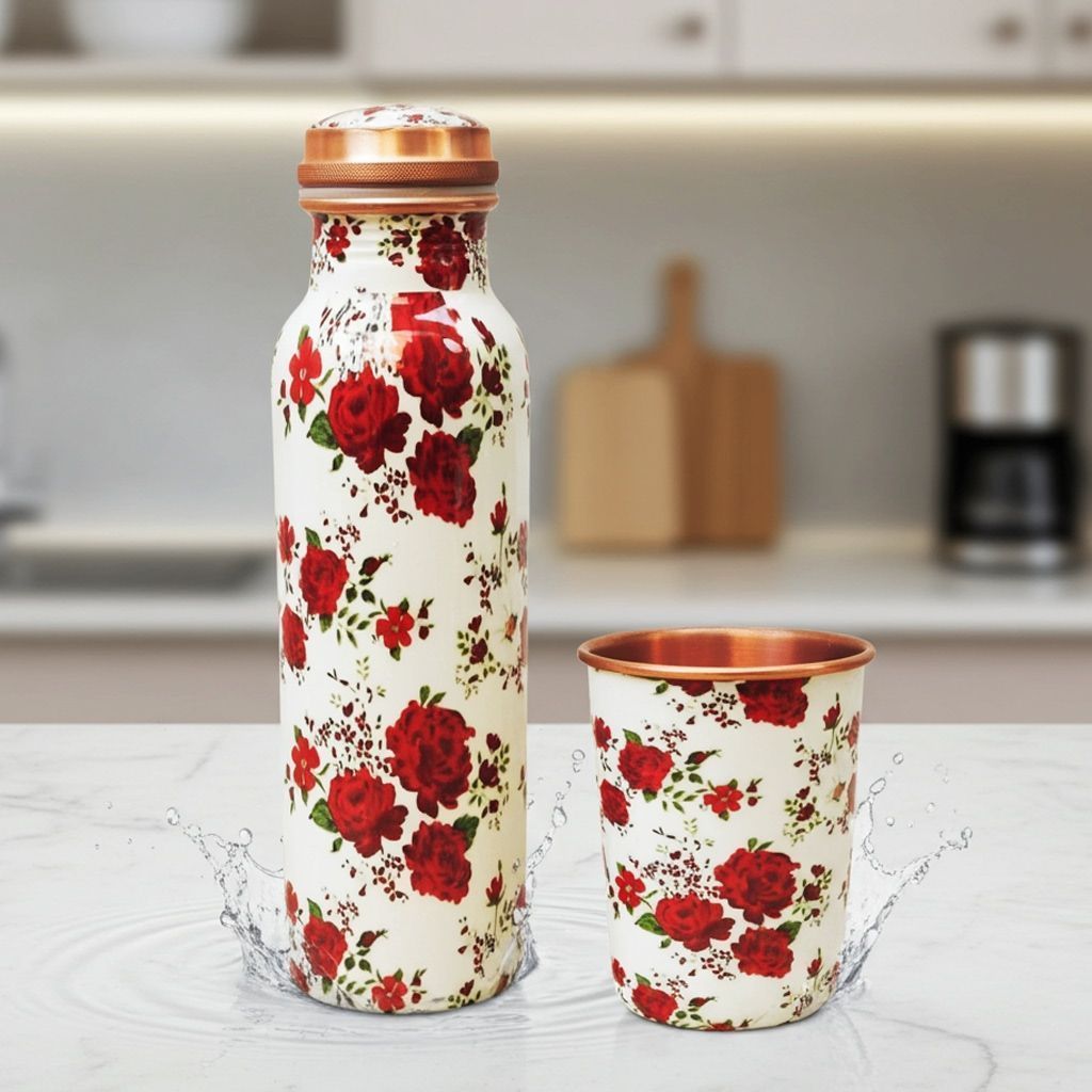 Copper Bottle & 2 Glass Set | Pure Ayurvedic Drinking Water Set , Height : 3.8 Inch (BCMAS143 E)