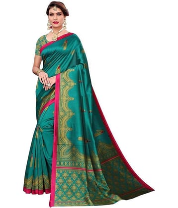 Saadhvi Art Silk Printed Saree With Unstitched Blouse Piece ( Green )