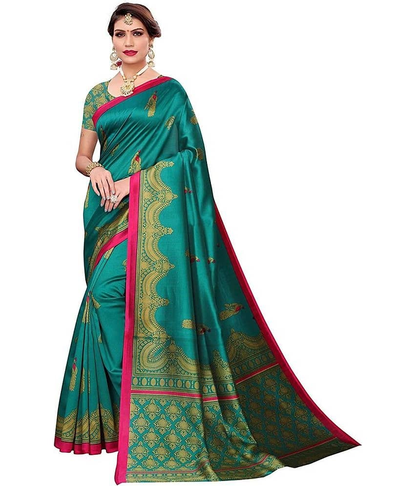 Saadhvi Art Silk Printed Saree With Unstitched Blouse Piece ( Green )
