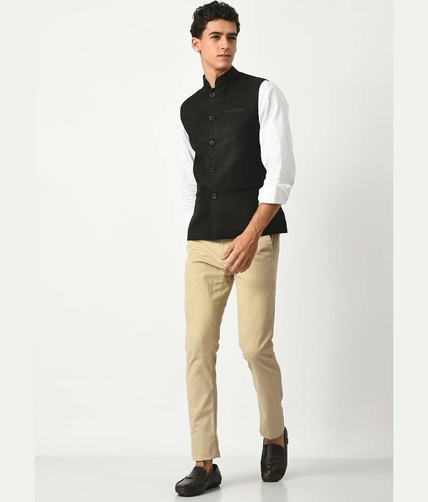 IndiWeaves Black Cotton Blend Men's Nehru Jacket ( Pack of 1 )