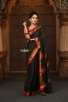 Parampara ~ Pure Cotton Saree in Regal Dark Green with Zari Border & Pallu