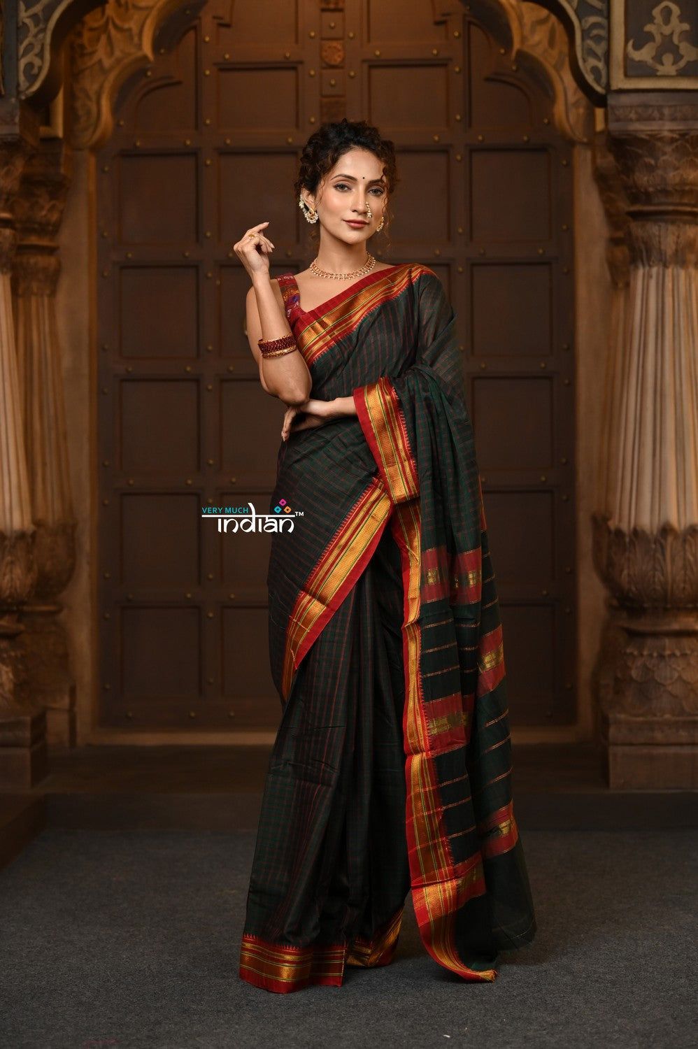 Parampara ~ Pure Cotton Saree in Regal Dark Green with Zari Border & Pallu