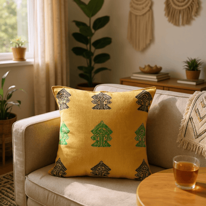 Yellow Hand Block Printed Cushion Cover- Set of 5