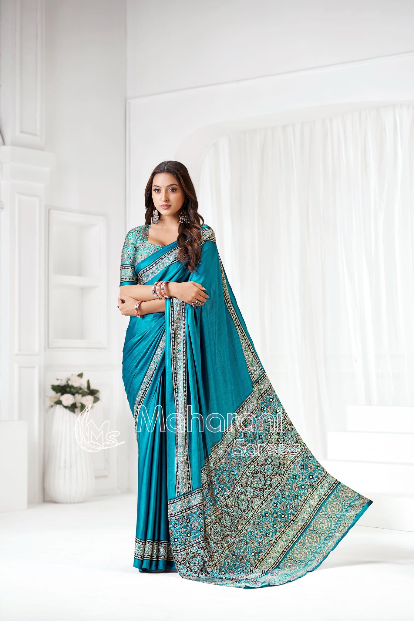 Rama Ajrakh Hand-Printed Modal Silk Saree With Blouse