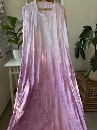 Muslin Chikankari Kurti with Pearl  Work - Lilac-Lilac / Viscose / 3XL