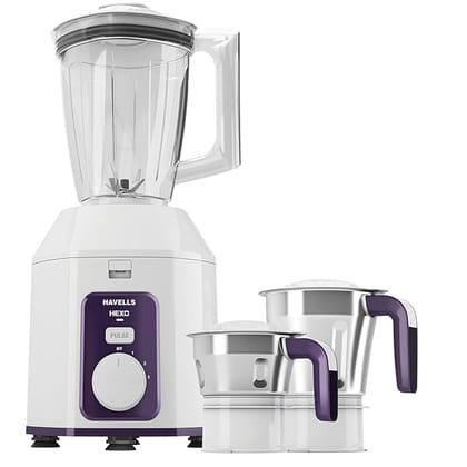 Havells Acrylonitrile Butadiene Styrene Hexo Blend Mix 1000 Watts With 3 Jar Blender (White & Purple),Ghfmgcbv100