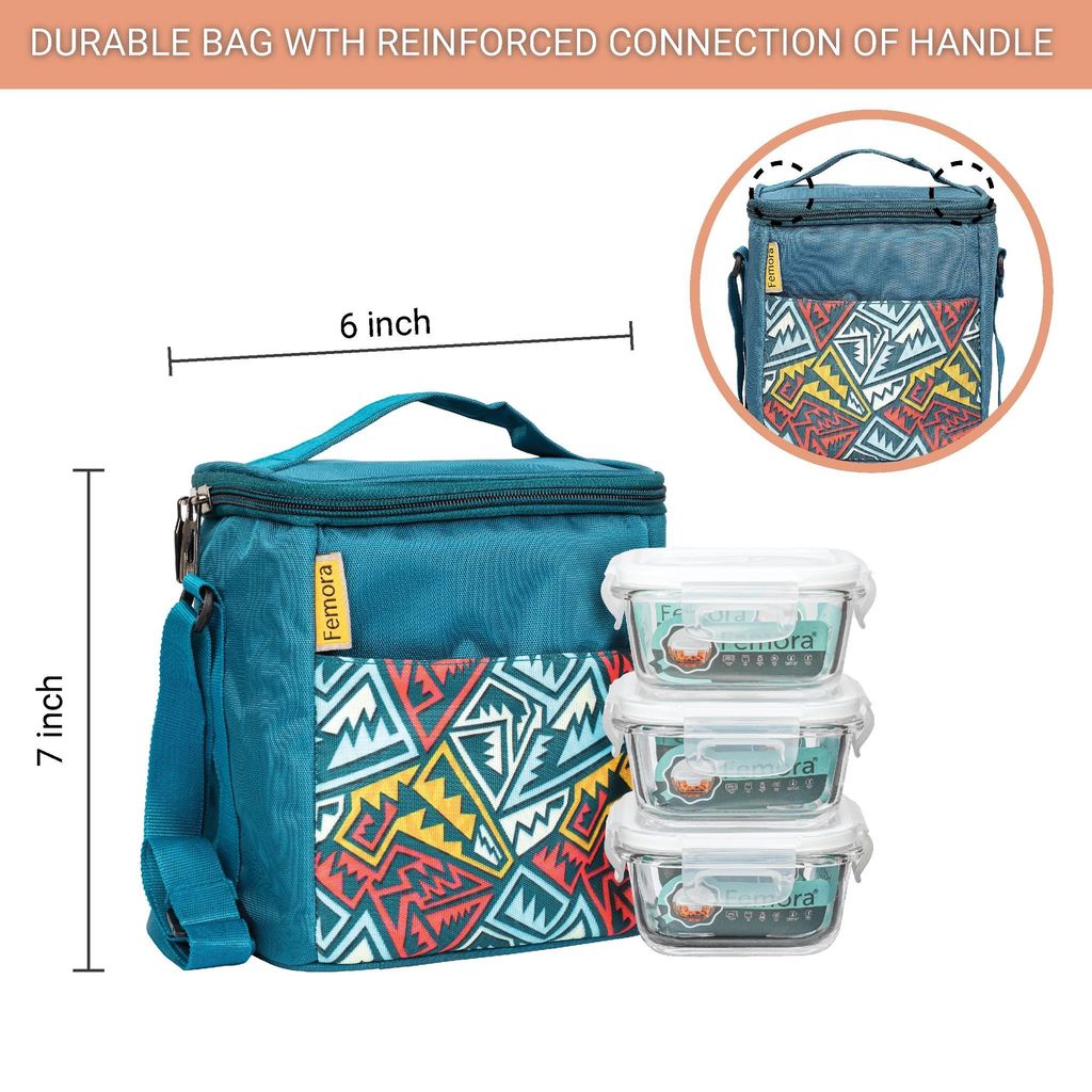 Femora Borosilicate Glass Microwave Safe Container Multipurpose Lunch Box for Office, Blue, Square-300 ml (2 Container), Rectangle-620 ml (1 Container)