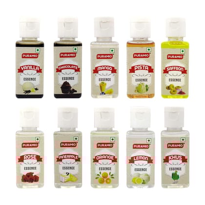 Puramio Culinary Liquid Food Essence (Vanilla, Rose, Pineapple, Orange, Lemon, Khus, Saffron, Pista, Mango, Chocolate), 50 ml Each - Pack of 10