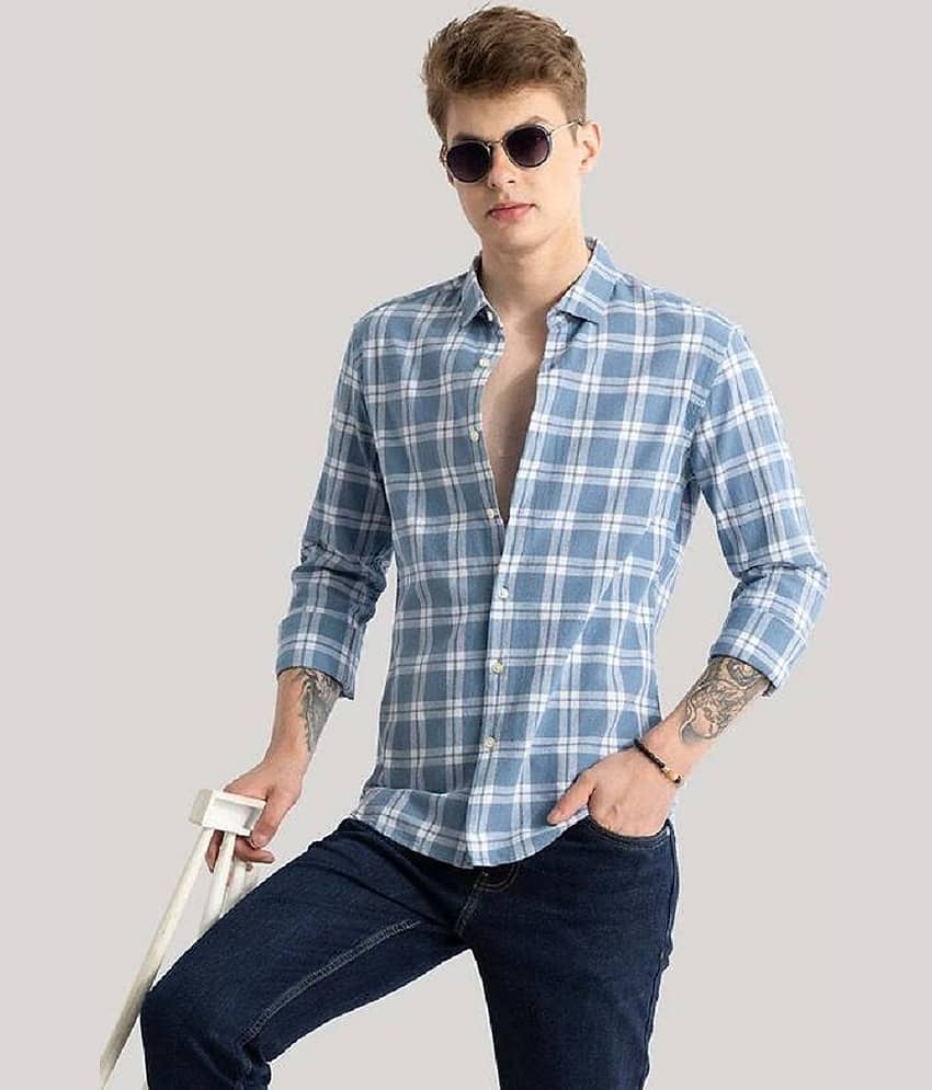 IQIVLI Cotton Blend Regular Fit Checks Full Sleeves Men's Casual Shirt - Light Blue ( Pack of 1 )