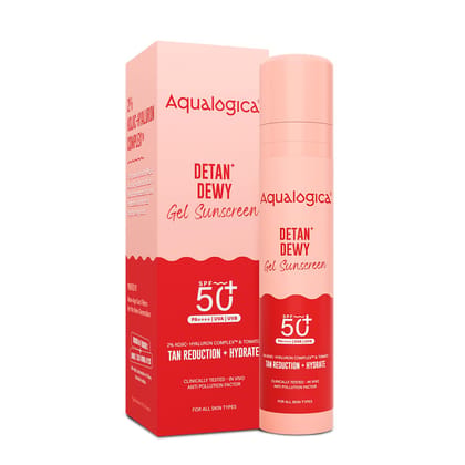 Aqualogica Detan+ Dewy Gel Sunscreen SPF 50+ PA++++ with 2% Kojic-Hyaluron Complex & Wild Berries - 50 g | SPF 50+ PA++++ | In-Vivo Tested | New-age Filters | Anti-Pollution Factor | For Luminous & Hydrated Skin | Fragrance-Free & No White Cast | 2% Koji Aqualogica Detan+ Dewy Gel Sunscreen SPF 50+ PA++++ with 2% Kojic-Hyaluron Complex & Wild Berries - 50 g | SPF 50+ PA++++ | In-Vivo Tested | New-age Filters | Anti-Pollution Factor | For Luminous & Hydrated Skin | Fragrance-Free & No White Cast | 2% Koji