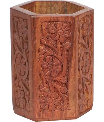 Generic - Sheesham Wood Carving Hexagon Pen Stand Showpiece 10 cm