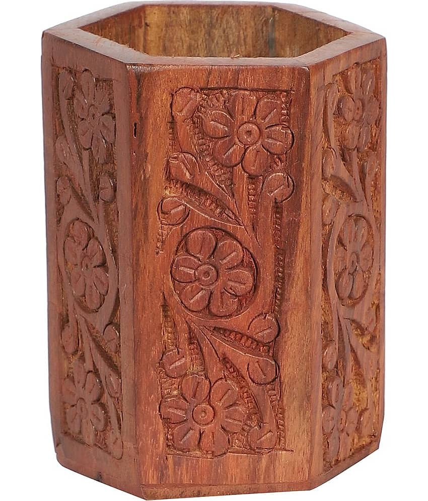 Generic - Sheesham Wood Carving Hexagon Pen Stand Showpiece 10 cm