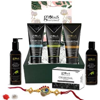 (Combo of 6) Globus Naturals Charcoal Detox Rakhi Gift Box - For Brother And Sister - , Face Wash, Face Scrub, Face Peel Off Mask, Shampoo, Conditioner Soap Bar