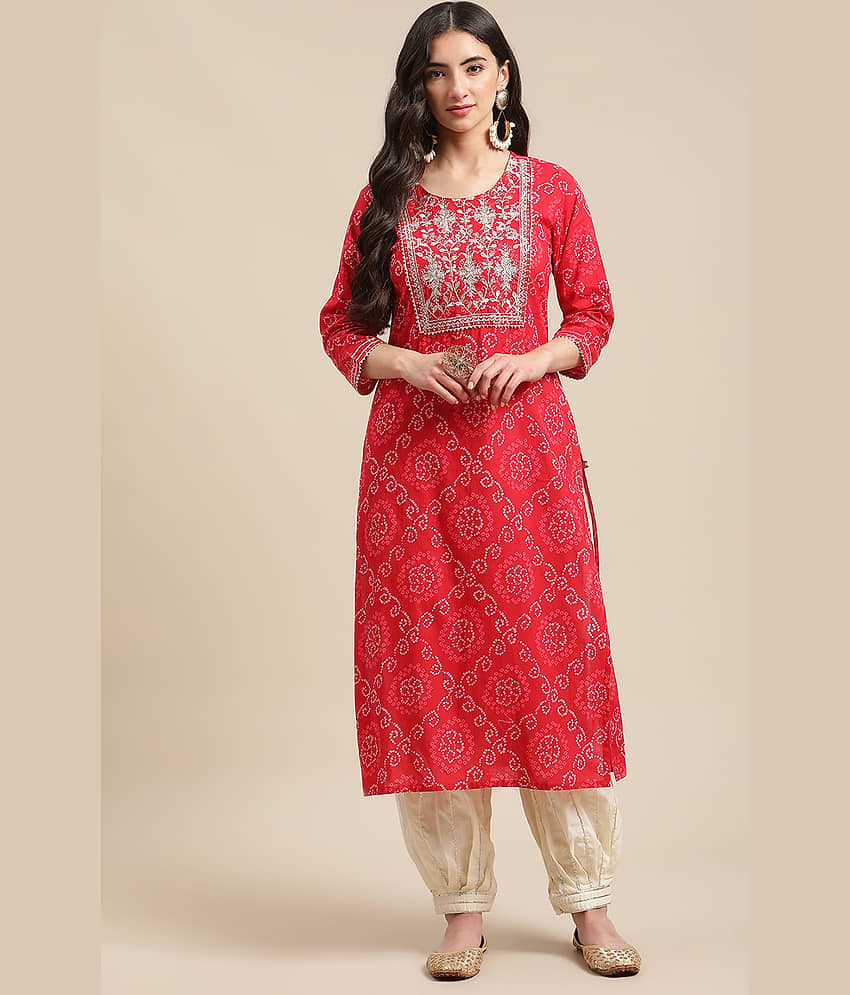 Varanga Cotton Printed Straight Women's Kurti - Red ( Pack of 1 )