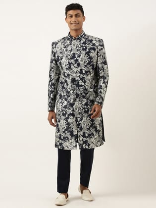 Navy Grey Jacquard Angrakha Indowestern Set-XS/36 / Indo Pant Set