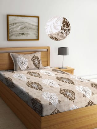 Brown & Olive Green Ethnic Motifs 300 TC Single Bedsheet with 1 Pillow Cover