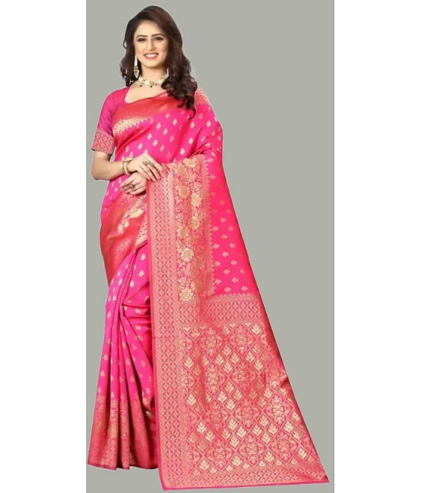 GARIYA Banarasi Silk Embellished Saree With Unstitched Blouse Piece ( Red )