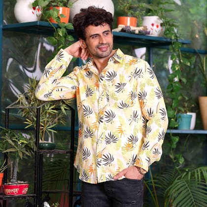 Philodendron Selloum Plant Lemon Casual Pure Linen Full Shirt (Size - S) by BLUE EAGLE