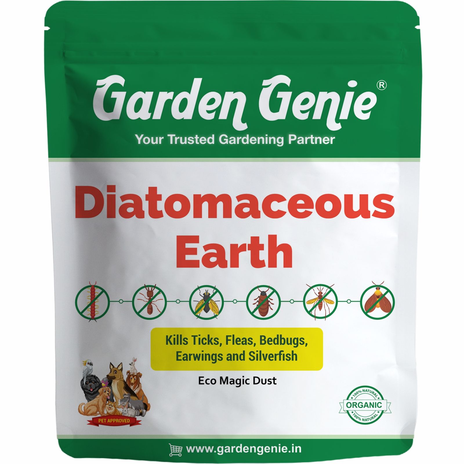 Garden Genie 100% Natural Diatomaceous Earth Powder 380g I Insect Control for Plants I Effective Against Dog Ticks & Flea, Cockroach, Bedbugs, Ants etc | Organic Pest Control for Your Home & Garden