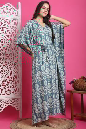 Blue Color Abstract Printed Viscose Rayon Kaftan For Women-S