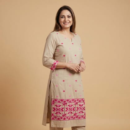 Hand-Embroidered Cotton Unstitched Suit Material | Beige Hand-Embroidered Cotton Unstitched Suit Material | Beige