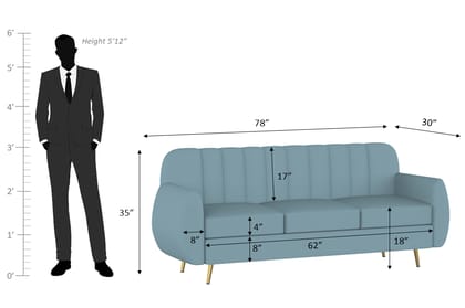 Wakeup India Hazy Premium Fabric Sofa Set | 3 Seater Sofa | Pocket Spring Cushion | Padded Cushioned Armrest | Polished Metal Leg (Light Blue, Seating-3) | 1 Year Warranty
