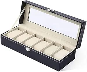 KATHIYAWADI 6 Slot Watch Organizer, Watch Box PU Leather Watch Storage Case, Perfect Birthday Presents Storage Box Case Holder Organizer with Transparent Window