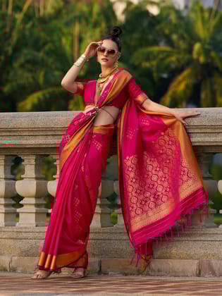 Dark Pink Pure Soft Silk Woven Design Handloom Weaving Saree