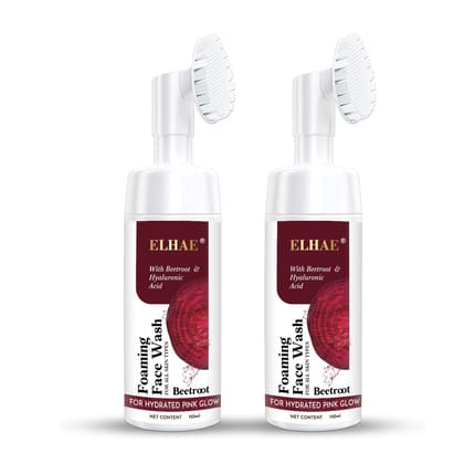 ELHAE Beetroot Gentle Foaming Face Wash Pack of 2, Built-In Brush for Deep Cleansing with Hyaluronic Acid for Hydrated Pink Glow, 150ml Each | Cleanses, Hydrates & Soothes Skin | Suitable for All Skin Types