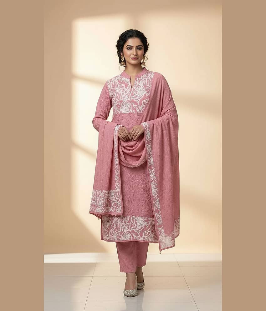 WOOL'S KART Women Woollen Printed A-line Kurti With Palazzo ( Pink )